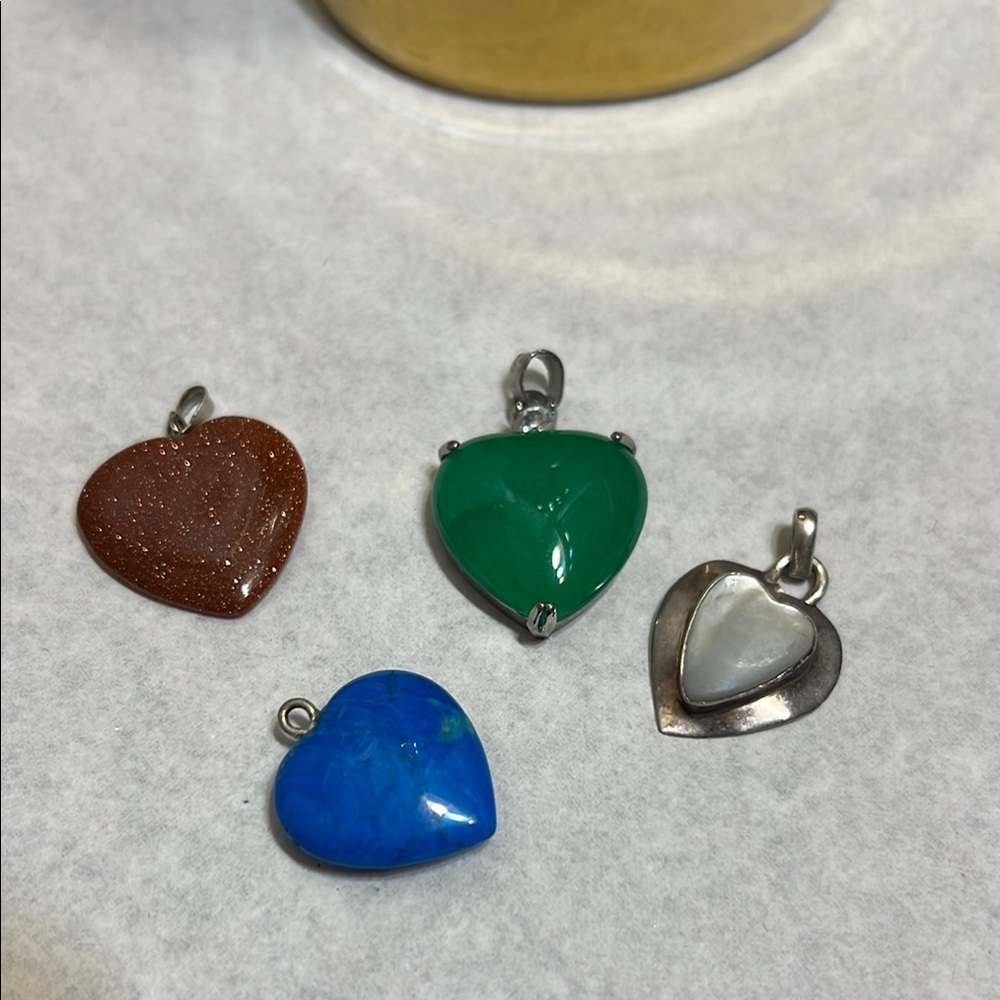 Set of 4 Heart Pendant - Green, Blue, Brown, and Pearl Silver.